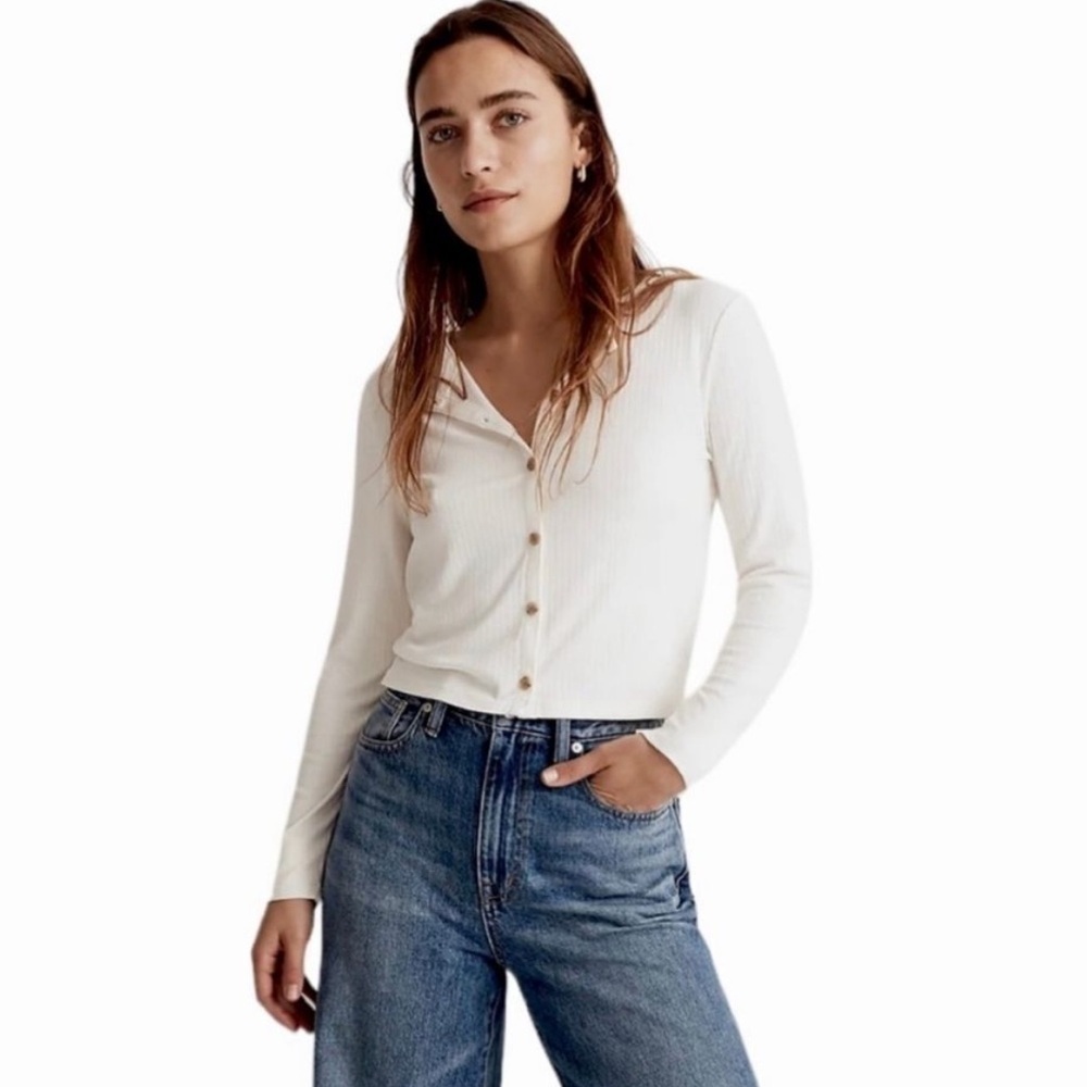 Madewell Ribbed cream ivory white Cardigan Crop Tee long sleeve size XS